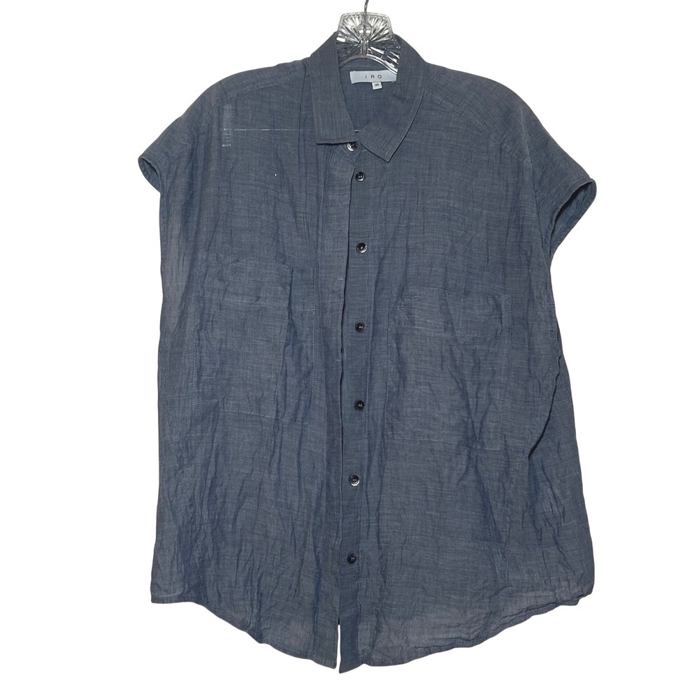 IRO Laurine Blue Cotton Sleeveless Button Down Shirt Cap Sleeve Pocket Top 36